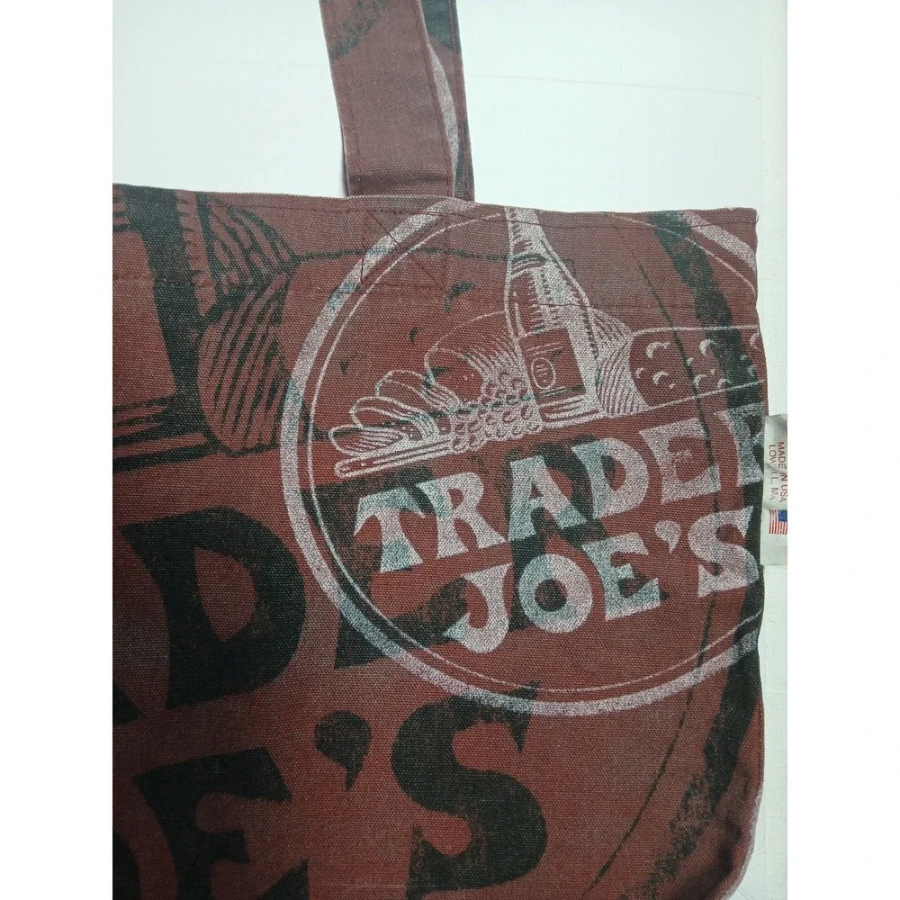 Rare Vintage Trader Joe's Canvas Tote Bag Maroon All Over Print Made In USA